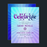 Bat Mitzvah Retro Boho Lila Blue Gradient Bold Begleitkarte<br><div class="desc">Seien Sie stolz, freuen Sie sich und präsentieren Sie diesen Meilenstein Ihres Lieblings-Bat Mitzvah! Fügen Sie dieses groovy boho Retro, personalisierte Einfügen für zusätzliche Informationen zu Ihrer Veranstaltung. Die trendige, fett lila und marineblaue Typografie mit moderner Sans-Serif-Typografie überlagert den Hintergrund von türkisfarbenen Pop und lila Ober-Farbradien mit weißen Punkten. Auf...</div>