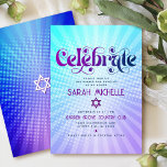 Bat Mitzvah Retro Boho Lila Blue Gradient Bold Begleitkarte<br><div class="desc">Seien Sie stolz, freuen Sie sich und präsentieren Sie diesen Meilenstein Ihres Lieblings-Bat Mitzvah! Fügen Sie dieses groovy boho Retro, personalisierte Einfügen für zusätzliche Informationen zu Ihrer Veranstaltung. Die trendige, fett lila und marineblaue Typografie mit moderner Sans-Serif-Typografie überlagert den Hintergrund von türkisfarbenen Pop und lila Ober-Farbradien mit weißen Punkten. Auf...</div>
