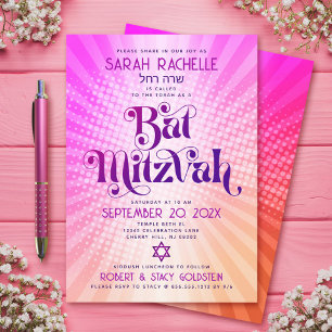 Bat Mitzvah Retro Boho Pink Orange Gradient Bold Einladung