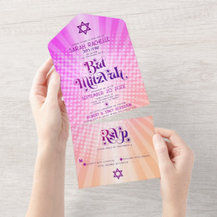 Bat Mitzvah Retro Boho Rosa Orange Gradient Fett All In One Einladung