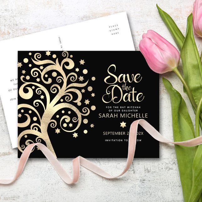 Bat Mitzvah Rett Date Black Gold Foil Tree of Life Einladungspostkarte (Von Creator hochgeladen)