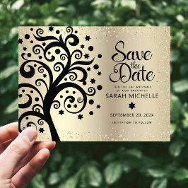 Bat Mitzvah Rett Date Black Tree of Life Gold Foil Einladungspostkarte