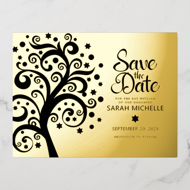 Bat Mitzvah Rett Date Black Tree of Life Gold Folie Einladungspostkarte (Vorderseite)