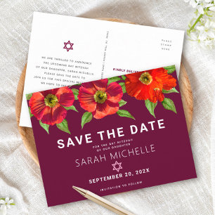 Bat Mitzvah Rett Date Floral Watercolor, Burgund Einladungspostkarte