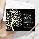Bat Mitzvah Rett Date Tree of Life Black Gold Folie Einladungspostkarte<br><div class="desc">Achten Sie darauf, dass alle Ihre Freunde und Verwandten den Meilenstein Ihrer Tochter Bat Mitzvah feiern können! Senden Sie diese atemberaubende, raffinierte, personalisierte "Save the Date" Ankündigungskarte. Ein grafischer realer Goldfolienbaum mit funkelnd Stern von David und Dot "Blätter", zusammen mit einer echten Goldfolienkalligraphie, überlagert einen reichen, raffinierten, schwarzen Hintergrund. Personalisieren...</div>