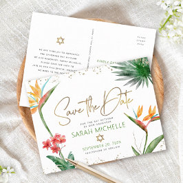 Bat Mitzvah Rett Date Tropical Floral Gold Script Einladungspostkarte