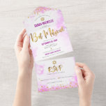 Bat Mitzvah rosa Aquarellgold-Skript modern All In One Einladung<br><div class="desc">Seien Sie stolz, freuen Sie sich und präsentieren Sie diesen Meilenstein Ihres Lieblings-Bat Mitzvah! Versenden Sie diese atemberaubende, moderne, maßgeschneiderte All-in-One-Einladung für eine Veranstaltung, an die Sie sich erinnern können. Funkelnd Goldfolie, Glitzer-Punkte und Typografie-Schrift überlagern einen hellrosa Aquarellhintergrund. Dieses All-in-One-Produkt ist eine einzigartige Kombination aus einer individuellen Einladung und einer...</div>