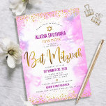 Bat Mitzvah rosa Aquarellgoldfolie-Skript mädchenh Einladung<br><div class="desc">Seien Sie stolz, freuen Sie sich und präsentieren Sie diesen Meilenstein Ihres Lieblings-Bat Mitzvah! Versenden Sie dieses atemberaubende, moderne, funkelnd Imitat-Folie und Glitzer-Punkte und Typografie-Skript vor einem weichen rosa Aquarell Hintergrund, personalisierte Einladung für eine Veranstaltung zu erinnern. Personalisieren Sie den benutzerdefinierten Text mit dem Namen, dem hebräischen Namen, dem Datum...</div>