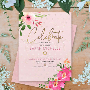 Bat Mitzvah Rosa Wasserfarbe Floral Moderne Schrif Begleitkarte