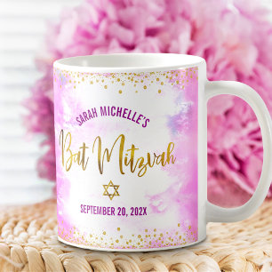 Bat Mitzvah Rosa Wasserfarbe Gold Schrift Konfetti Kaffeetasse