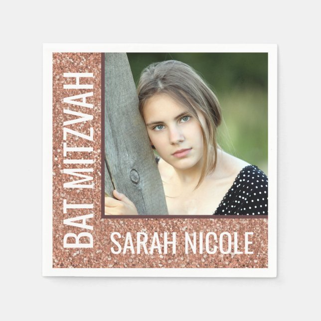 Bat Mitzvah Rose Gold Glitzer Glam Custom Foto Serviette (Vorderseite)