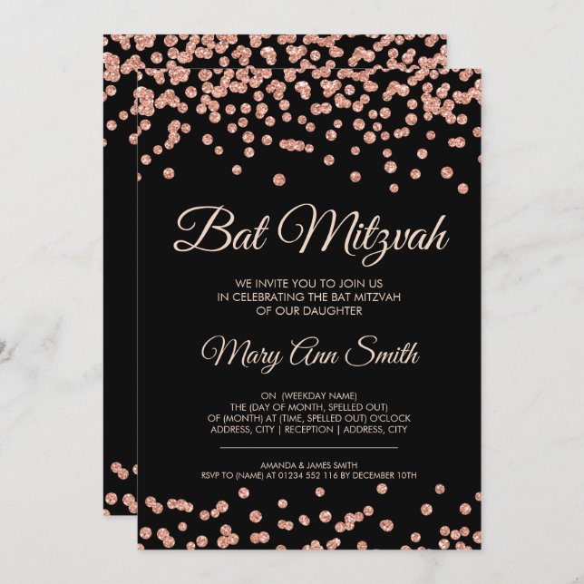 Bat Mitzvah Rose Gold Imitat Glitzer Confetti Schw Einladung (Vorne/Hinten)