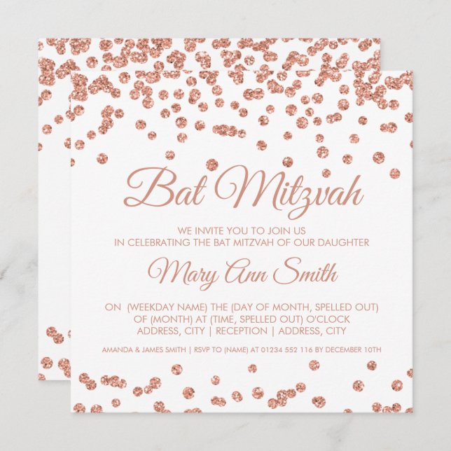 Bat Mitzvah Rose Gold Imitat Glitzer Confetti Weiß Einladung (Vorne/Hinten)
