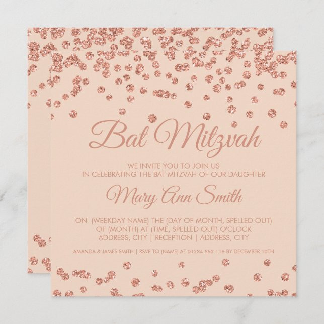Bat Mitzvah Rose Gold Imitats Glitzer Confetti Blu Einladung (Vorne/Hinten)