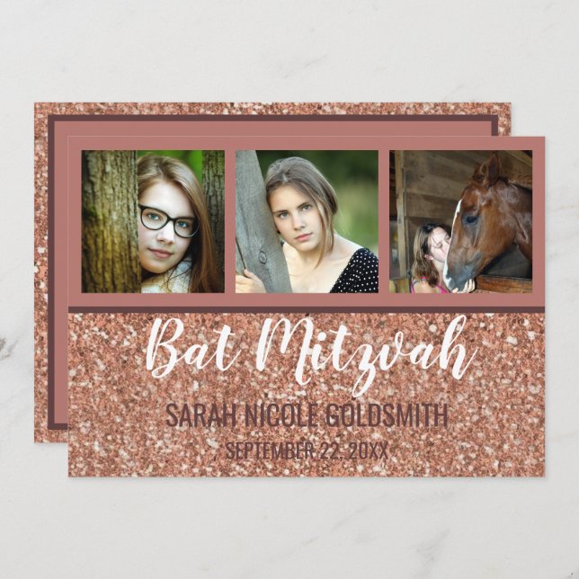 Bat Mitzvah Rose Gold Imitats Glitzer FotoCollage Einladung (Vorne/Hinten)
