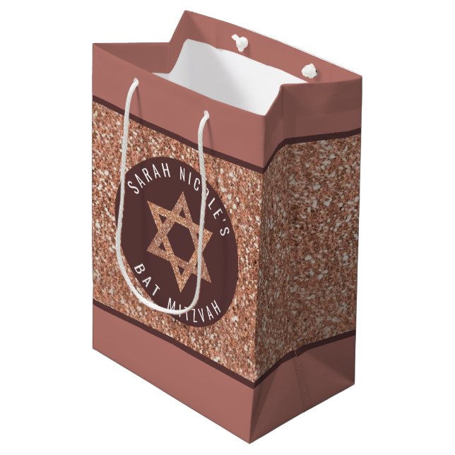 Bat Mitzvah Rose Gold Magen David Personalisiert Mittlere Geschenktüte (Vorderseite Schrägansicht)