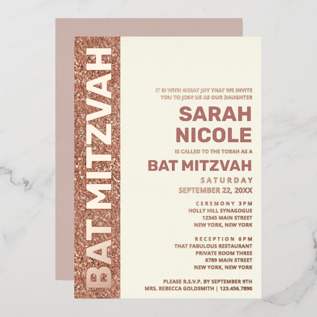 Bat Mitzvah Rose Gold Moderne Typografie Rose Gold Folieneinladung (Vorderseite/Rückseite)