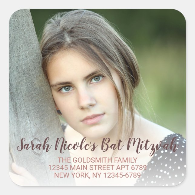Bat Mitzvah Rose Gold Typografy Foto-Adresse Quadratischer Aufkleber (Vorderseite)