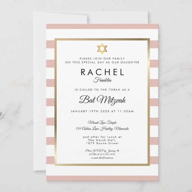 Bat Mitzvah Rose Gold und Weiß Streifen Einladung (Vorderseite)