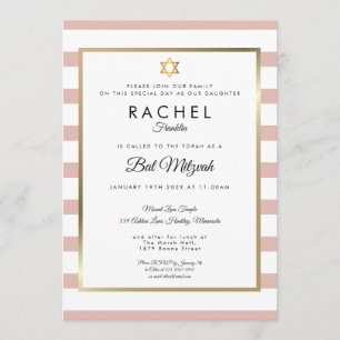 Bat Mitzvah Rose Gold und Weiß Streifen Einladung