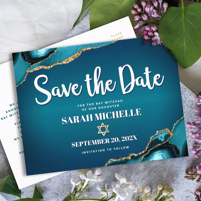 Bat Mitzvah Save the Date Aquamarin Ombre Agate Sc Einladungspostkarte (Von Creator hochgeladen)