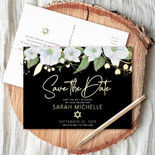 Bat Mitzvah Save the Date Floral Black Real Gold Folie Einladungspostkarte
