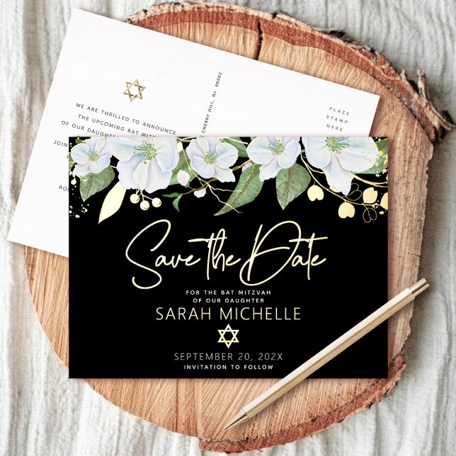 Bat Mitzvah Save the Date Floral Black Real Gold Folie Einladungspostkarte (Von Creator hochgeladen)