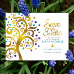 Bat Mitzvah Save the Date Gold & Aquamariner Baum  Einladungspostkarte<br><div class="desc">Achten Sie darauf, dass alle Ihre Freunde und Verwandten den Meilenstein Ihrer Tochter Bat Mitzvah feiern können! Versenden Sie diese atemberaubende, grafische Imitate Goldfolienbaum mit funkelnd türkisfarbenen, aquamarinen, lila und blauen Star of David und Punkt "Blätter" auf einem weißen Hintergrund, personalisierte "Save the Date" Ankündigung Postkarte. Personalisieren Sie den benutzerdefinierten...</div>