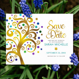 Bat Mitzvah Save the Date Gold & Aquamariner Baum Einladungspostkarte