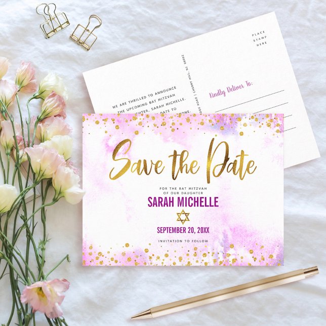Bat Mitzvah Save the Date Gold auf rosa Wasserfarb Einladungspostkarte (Von Creator hochgeladen)