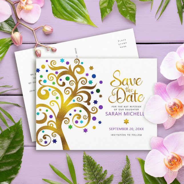 Bat Mitzvah Save the Date Gold Lila Baum des Leben Einladungspostkarte (Von Creator hochgeladen)