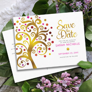 Bat Mitzvah Save the Date Gold & Pink Tree of Life Einladungspostkarte