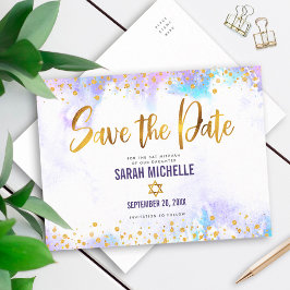 Bat Mitzvah Save the Date Gold Purple Watercolor Einladungspostkarte