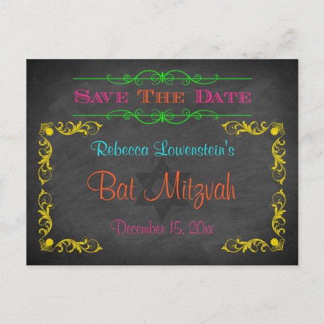 Bat Mitzvah Save the Date Postkarte - Kopfbrett (Vorderseite)