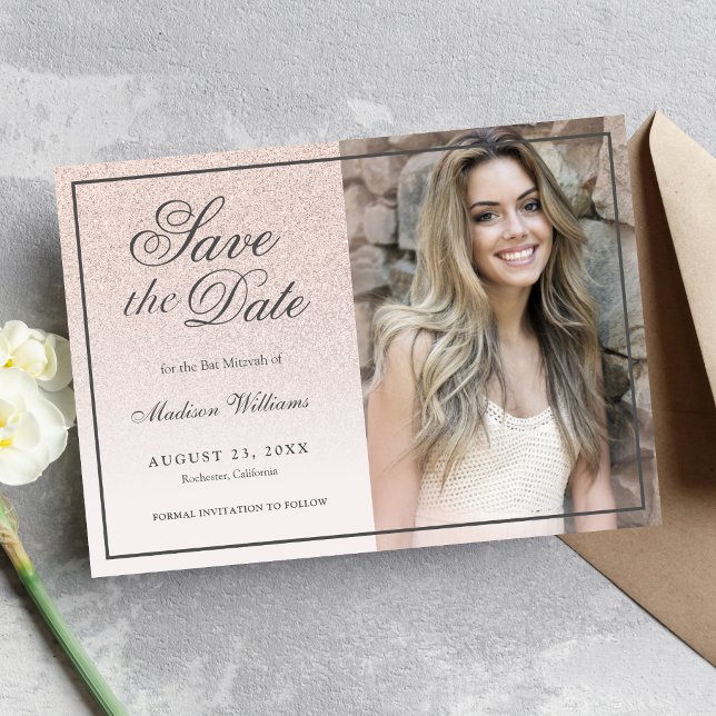 Bat Mitzvah Save the Date Rose Gold Glitzer Foto (Von Creator hochgeladen)