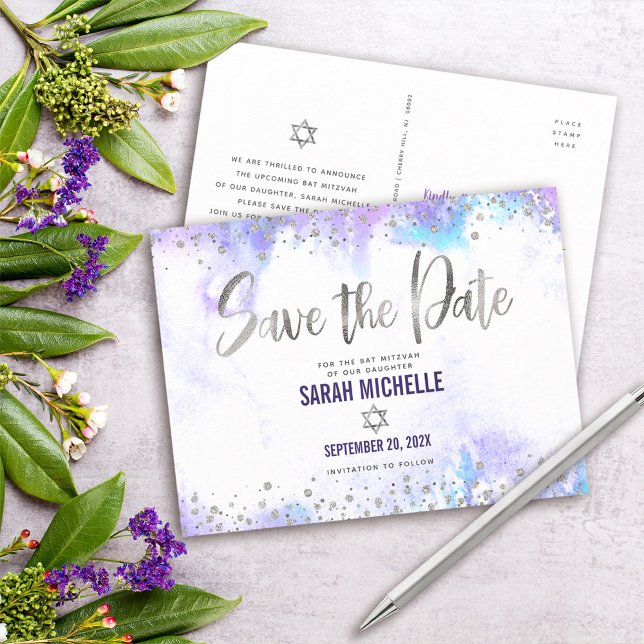 Bat Mitzvah Save the Date Silver Lila Watercolor Einladungspostkarte (Von Creator hochgeladen)