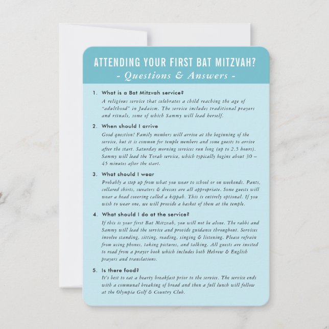 BAT MITZVAH Service Frage und Antwort Rat Einladung (Vorderseite)