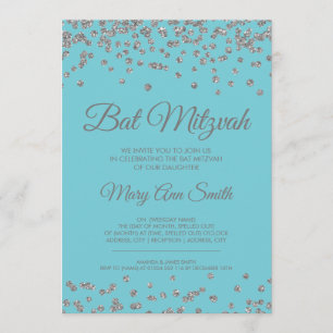 Bat Mitzvah Silver Glitzer Confetti Robin Egg Blau Einladung