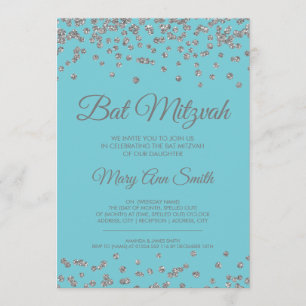 Bat Mitzvah Silver Glitzer Confetti Robin Egg Blue Einladung