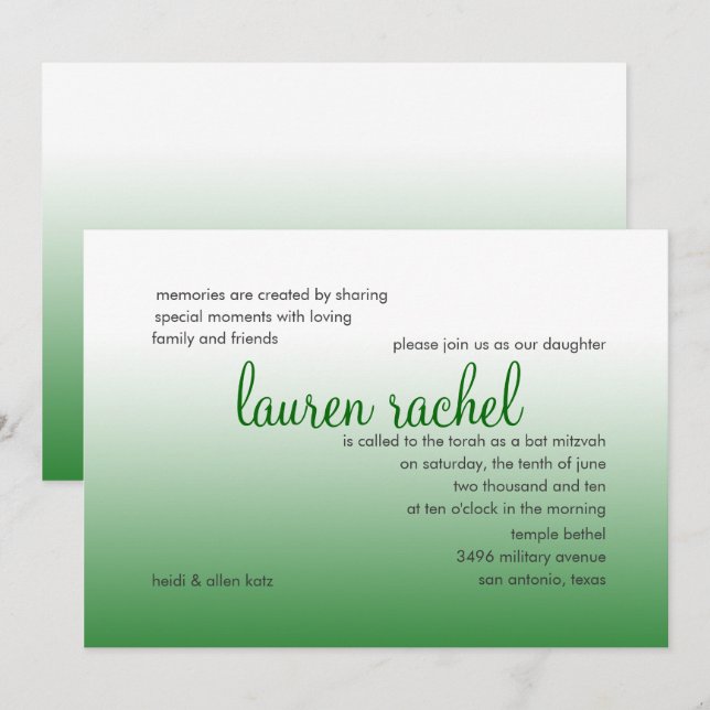 Bat Mitzvah Silver und Green Gradient Einladung (Vorne/Hinten)