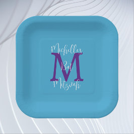 Bat Mitzvah Sky Blue Lila White Name Monogram Pappteller