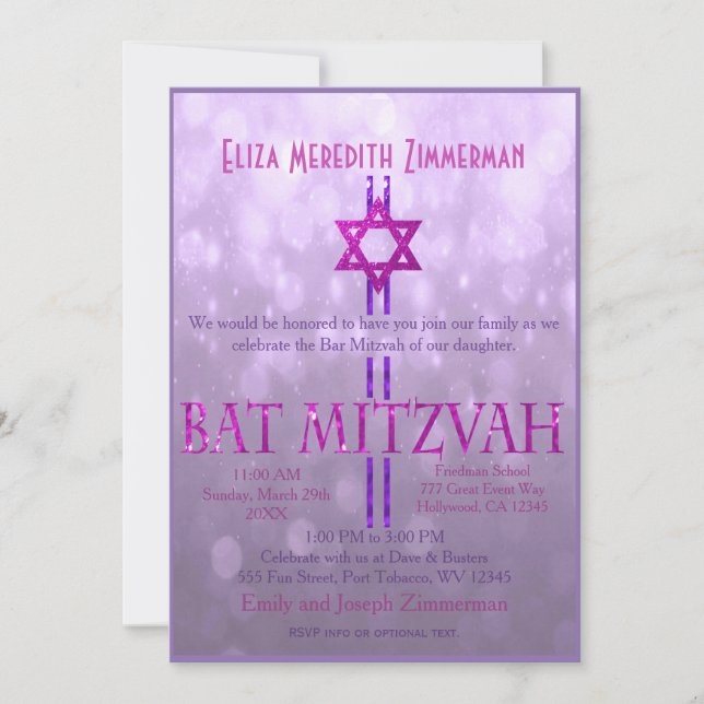 Bat Mitzvah | Star of David | LILA Einladung (Vorderseite)