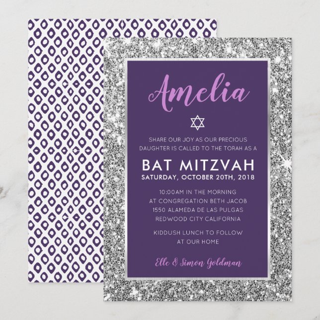 BAT MITZVAH Stern cool zwischen lila Silber einlad Einladung (Vorne/Hinten)