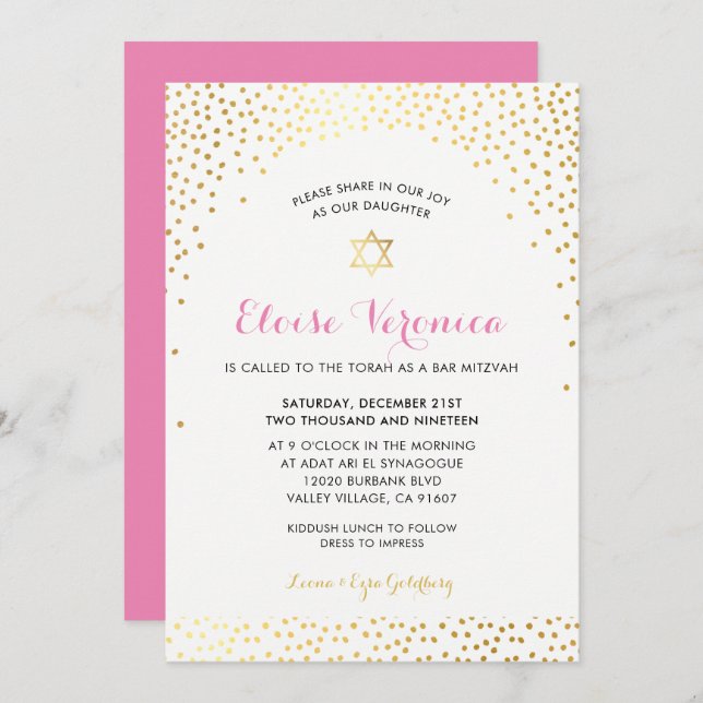 BAT MITZVAH stilvolle Mini-Konfetti-Spot Gold pink Einladung (Vorne/Hinten)