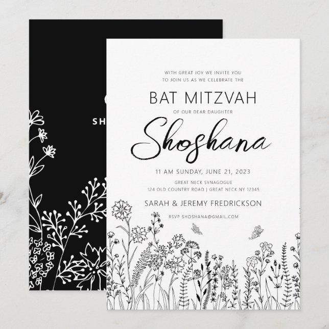 Bat Mitzvah Stilvolle Skripte Blumenskizze Einladung (Vorne/Hinten)