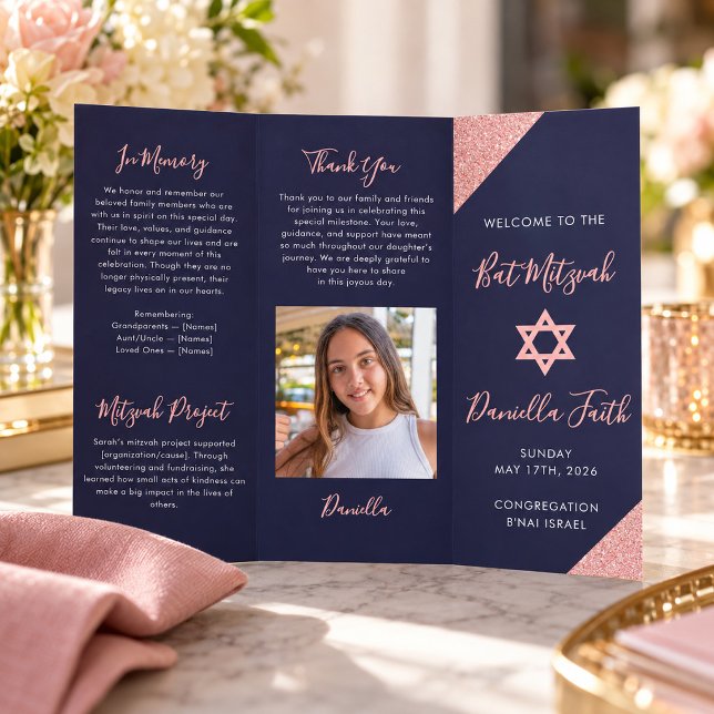Bat Mitzvah Tri-Fold Programm Navy Rose Gold  Flyer (Von Creator hochgeladen)