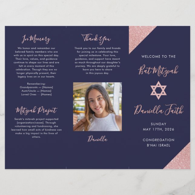 Bat Mitzvah Tri-Fold Programm Navy Rose Gold  Flyer (Vorne)