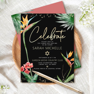 Bat Mitzvah Tropical Black Gold Floral Watercolor Begleitkarte