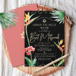 Bat Mitzvah Tropical Black Gold Floral Watercolor Einladung<br><div class="desc">Seien Sie stolz, freuen Sie sich und präsentieren Sie diesen Meilenstein Ihres Lieblings-Bat Mitzvah mit dieser raffinierten, personalisierten Einladung! Stilvolle, atemberaubende, farbenfrohe, tropische Wasserfarbenvögel paradiesischer Blume, Imitate goldgeschriebenes Drehbuch, Star of David und Glitzer Punkte, zusammen mit modernen Sans Serif Typ, überlagern einen dramatischen, schwarzen Hintergrund. Zusätzliche Aquarellpalmen Blätter und ein...</div>
