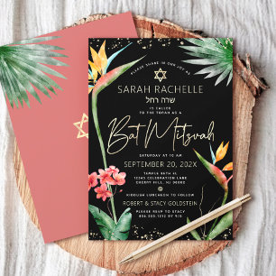 Bat Mitzvah Tropical Black Gold Floral Watercolor Einladung